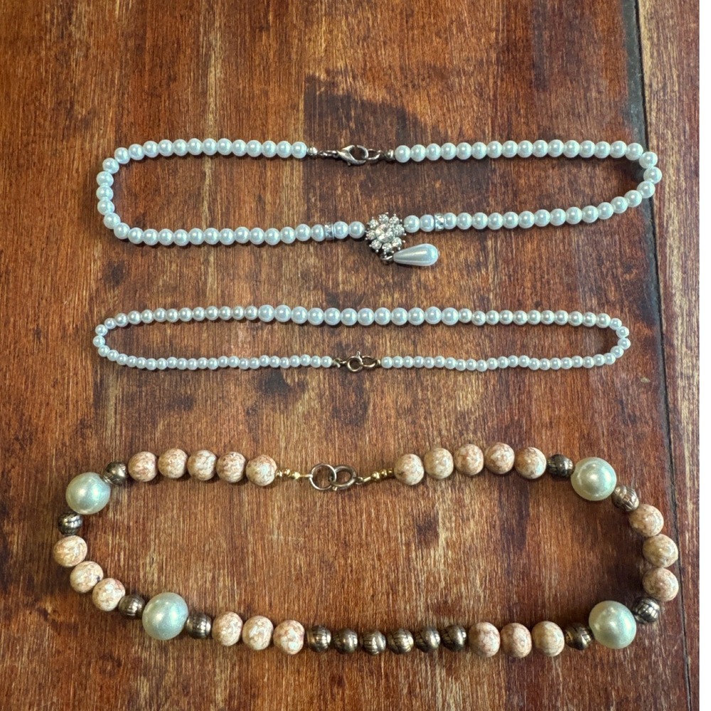 Unbranded Necklace Set Cream Tan Faux Pearl Crystal Boho 3pc Vintage
